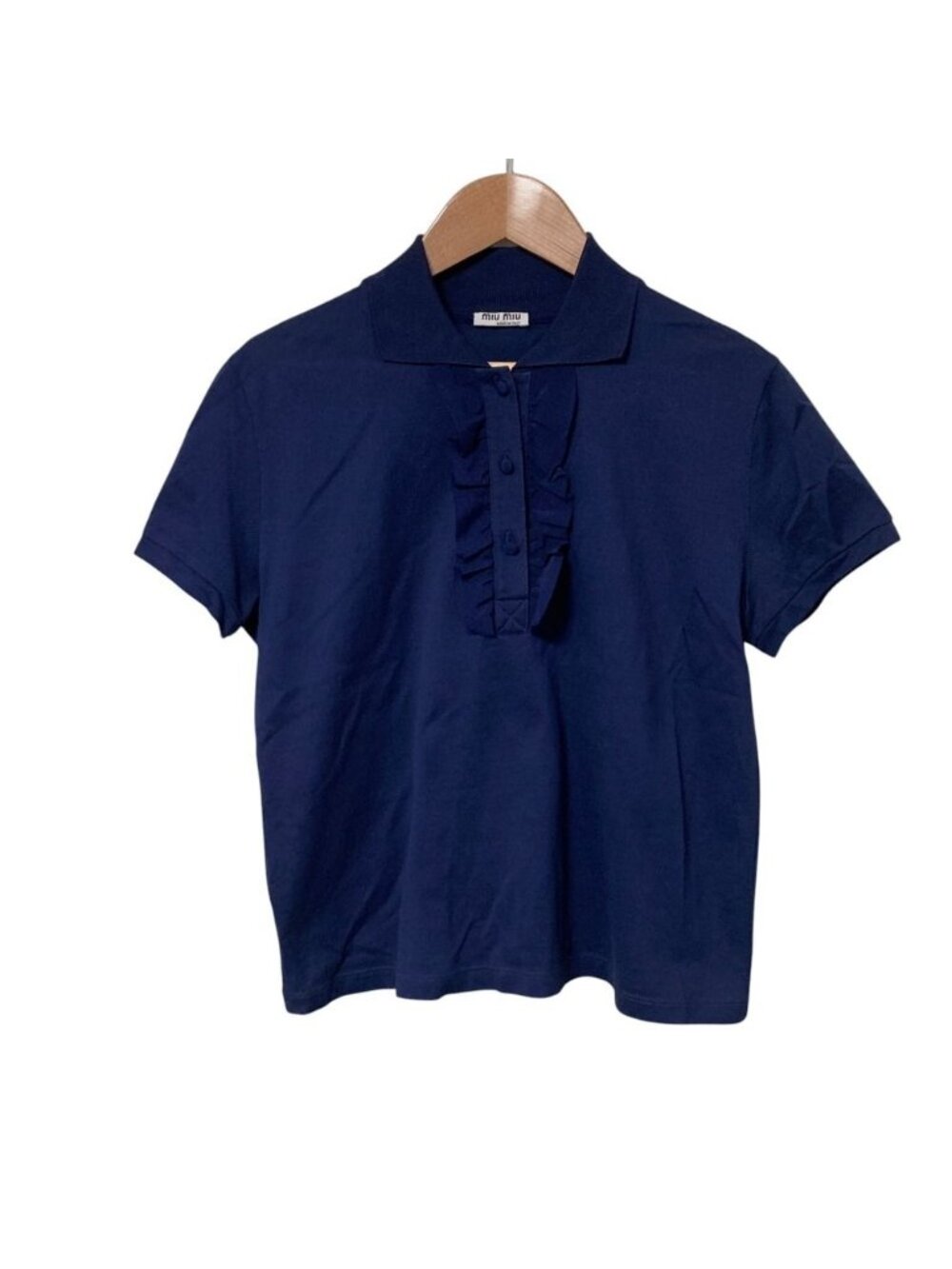 Miu Miu Pique Short Sleeve Ruffle Polo Shirt Top Navy S